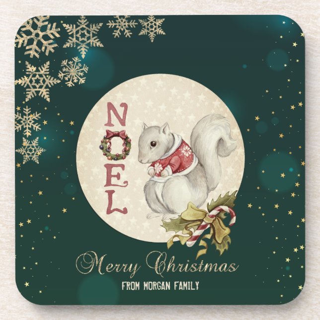 Vintage Christmas Squirrel, Snowflakes Coaster (Front)