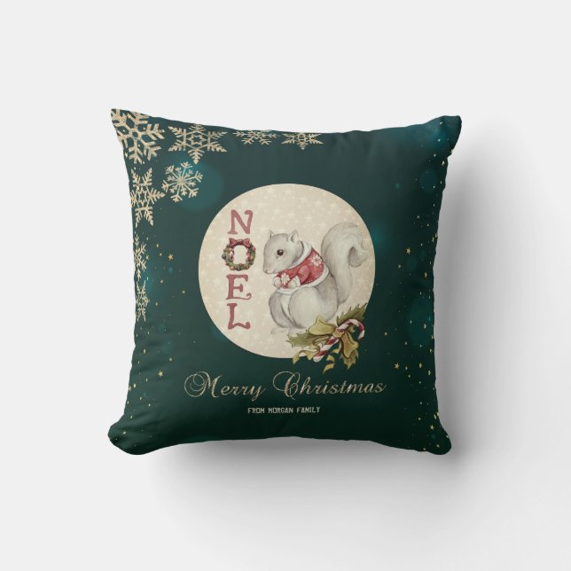 Vintage Christmas Squirrel, Snowflakes  Cushion (Front)