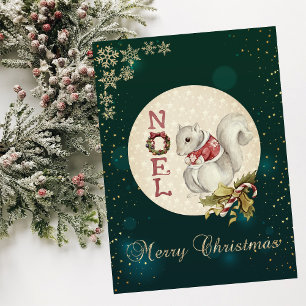 Vintage Christmas Squirrel, Snowflakes  Holiday Card