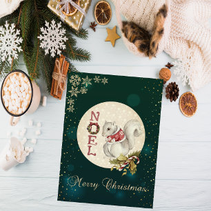 Vintage Christmas Squirrel, Snowflakes   Holiday Card