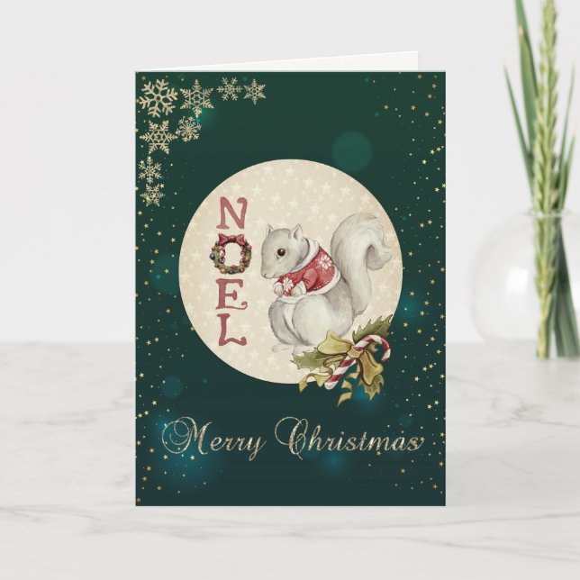 Vintage Christmas Squirrel, Snowflakes  Holiday Card (Front)