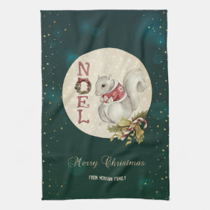 Vintage Christmas Squirrel, Snowflakes   Tea Towel
