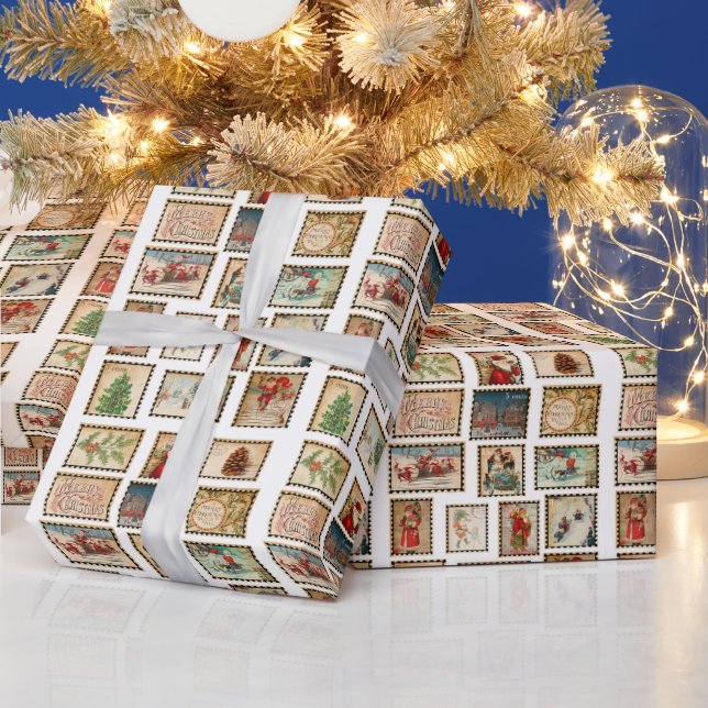 Vintage Christmas stamp collage Wrapping Paper (Holidays)