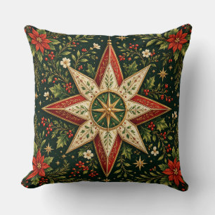 Vintage Christmas Star Ornament Poinsettia Holly Cushion