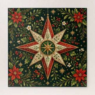 Vintage Christmas Star Ornament Poinsettia Holly Jigsaw Puzzle