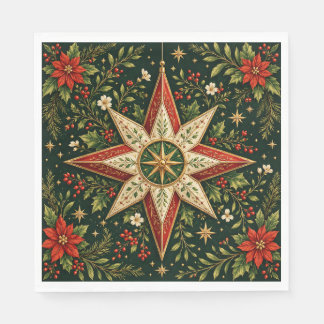 Vintage Christmas Star Ornament Poinsettia Holly Napkin
