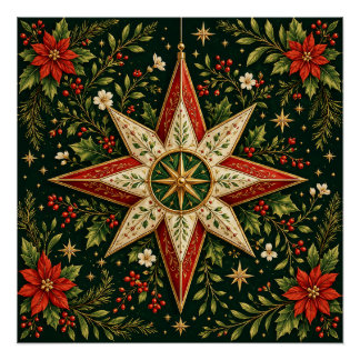 Vintage Christmas Star Ornament Poinsettia Holly Poster