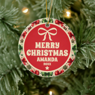 Vintage Christmas Stars and Bows Kids Photo Ceramic Ornament
