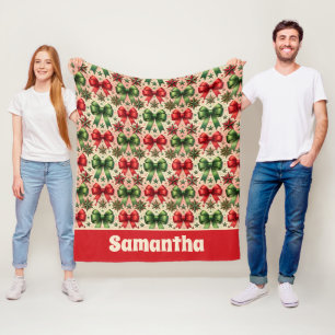 Vintage Christmas Stars and Bows Pattern Fleece Blanket