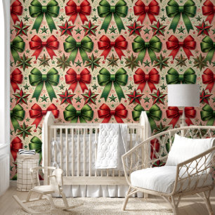 Vintage Christmas Stars and Bows Pattern Wallpaper