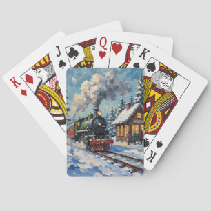 Vintage Christmas Steam Train at Snowy Station Playing Cards
