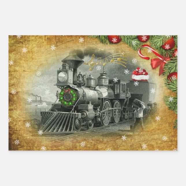 Vintage Christmas Steam Train Wrapping Paper Sheet (Front)