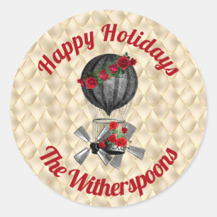 Vintage Christmas Steampunk Airship on Cream Classic Round Sticker