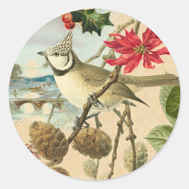Vintage Christmas sticker w/ bird and red flower (Front)