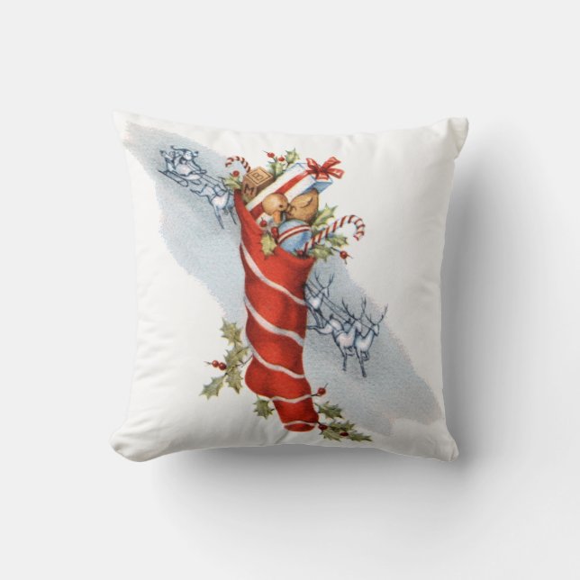 Vintage Christmas Stocking full of Toys Cushion (Front)