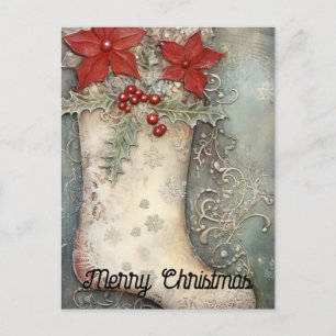 Vintage Christmas Stocking Poinsettia Flowers Postcard