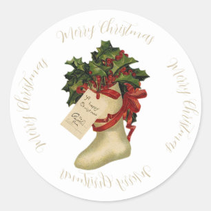 Vintage Christmas Stocking with Holly and Berries Classic Round Sticker
