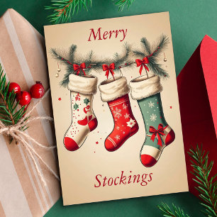 Vintage Christmas Stockings on Pine Leaves Bows Holiday Card