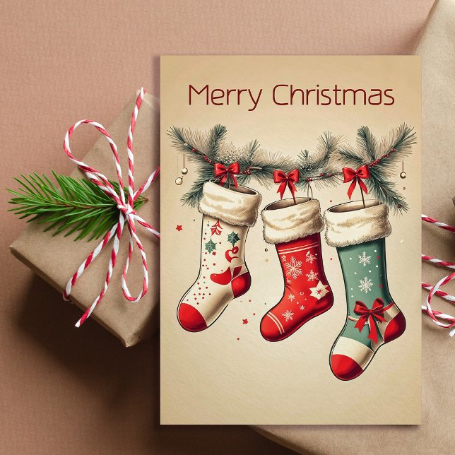 Vintage Christmas Stockings on Pine Leaves Holiday Card (Creator Uploaded)