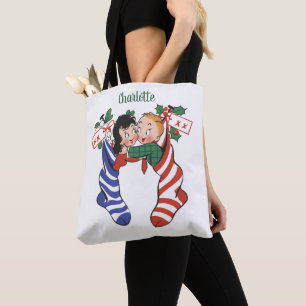 Vintage Christmas Stockings with Cute Children Tote Bag