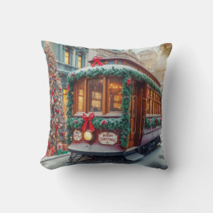 Vintage Christmas Streetcar in Snow Cushion