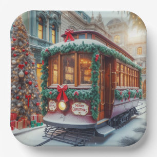 Vintage Christmas Streetcar in Snow Paper Plate