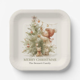 Vintage Christmas Table Watercolor Boy Tree Paper Plate