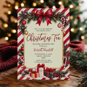 Vintage Christmas Tea Party Red Bow Invitation