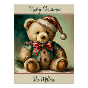 Vintage Christmas Teddy bear personalised Poster