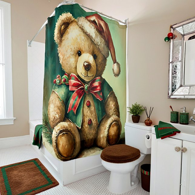 Vintage Christmas Teddy bear Shower Curtain (Creator Uploaded)