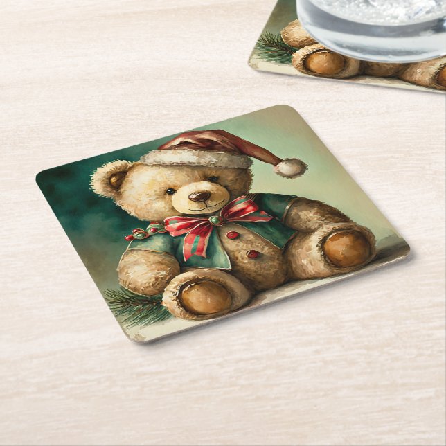 Vintage Christmas Teddy bear Square Paper Coaster (Angled)