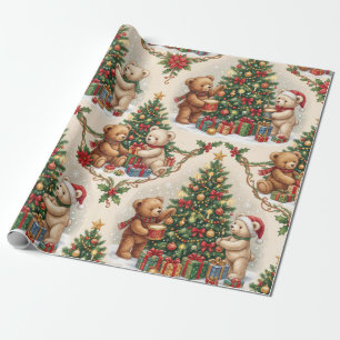 Vintage Christmas Teddy Bears Decorating Tree Wrapping Paper