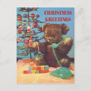 Vintage Christmas, Teddy on the telephone Holiday Postcard