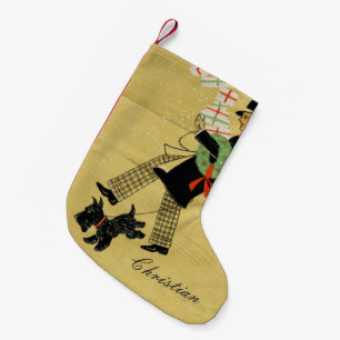 Vintage Christmas Terrier Dog And Man Personalised Small Christmas Stocking