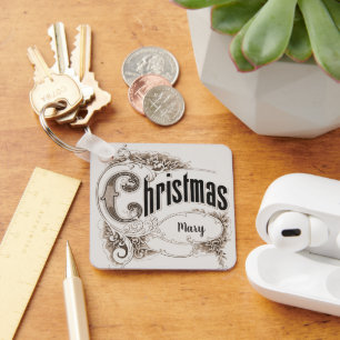 Vintage Christmas Text with Ornate Border Key Ring
