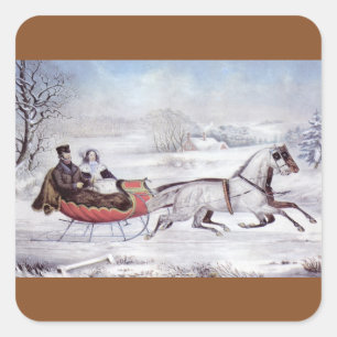 Vintage Christmas, The Road Winter, Sleigh Horse Square Sticker