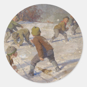 Vintage Christmas, The Snowball Fight (1890) Classic Round Sticker