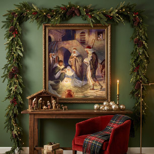 Vintage Christmas, Three Shepherds and Baby Jesus Poster