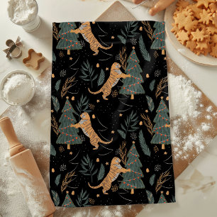 "Vintage Christmas Tiger with Christmas Tree Black Tea Towel