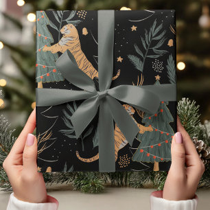 Vintage Christmas Tiger with Christmas Tree Black  Wrapping Paper