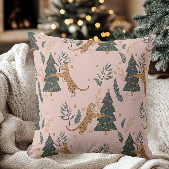 "Vintage Christmas Tiger with Christmas Tree Pink  Cushion (Creator Uploaded)
