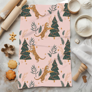  "Vintage Christmas Tiger with Christmas Tree Pink Tea Towel