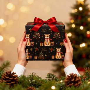 Vintage Christmas Tiger with Tree Black Wrapping Paper