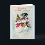 Vintage Christmas - To Sister & Her Husband, Holiday Card<br><div class="desc">A vintage Christmas card image for a sister and her husband. It features a snow couple festively dressed for the holidays. She wears a red jacket with white fur trim and a Christmas tree hat on her head. He wears black tails and top hat and carries a candy cane. They...</div>