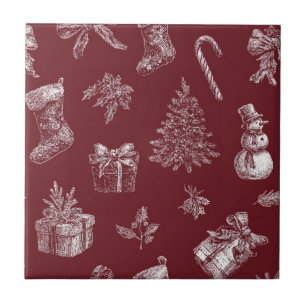 Vintage Christmas Toile Crimson Red White Holiday Ceramic Tile