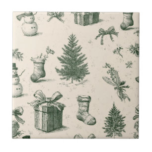 Vintage Christmas Toile Forest Green Cream Pattern Ceramic Tile