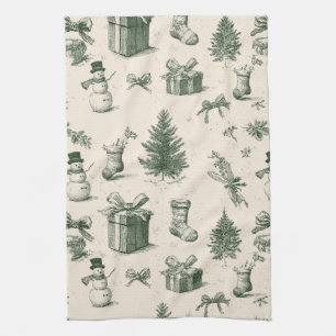 Vintage Christmas Toile Forest Green Cream Pattern Tea Towel