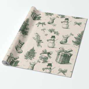 Vintage Christmas Toile Forest Green Cream Pattern Wrapping Paper