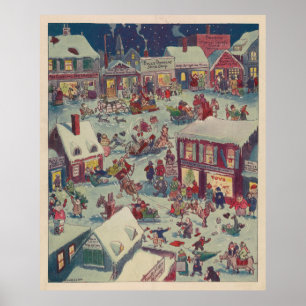 Vintage Christmas Town Folk Illustration (1918) Poster