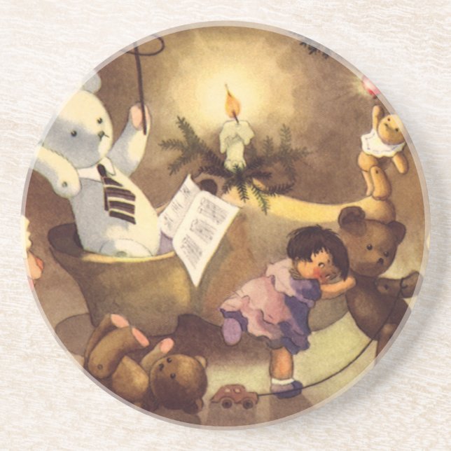 Vintage Christmas Toys, Dancing Dolls, Teddy Bears Coaster (Front)